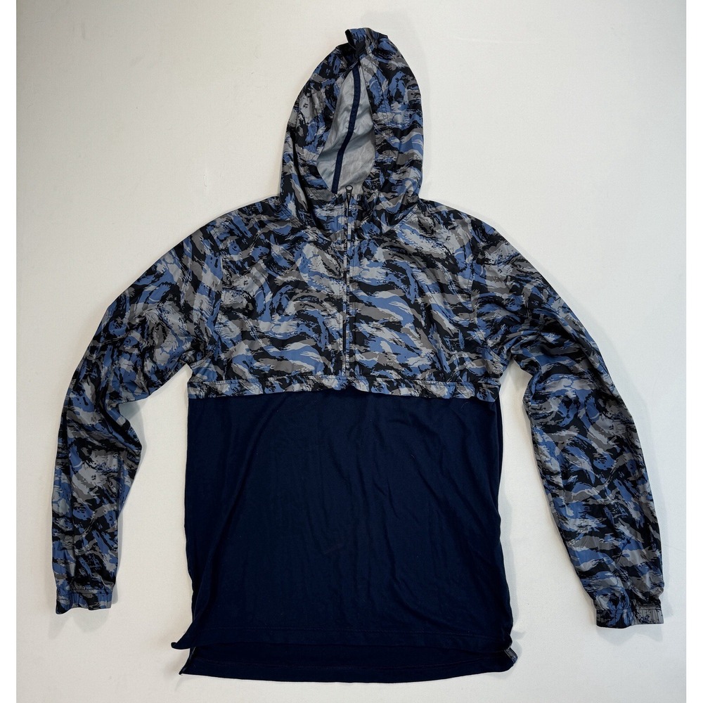 Under Armour Men Large Fitted Hybrid Windbreaker Hoodie 1/4 Zip Blue Camo Active
